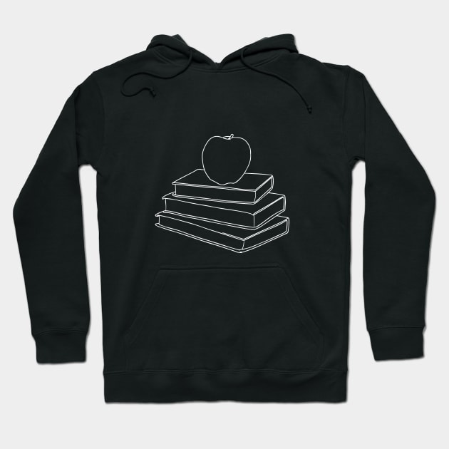 Apple on Book Stack - Red Apple & White Books Line Art Hoodie by Tilila